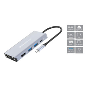 CONCEPTRONIC DOCK USB-C 1xHDMI 1xVGA 3xUSB3 RJ45 CAR READER 3.5 100W PD