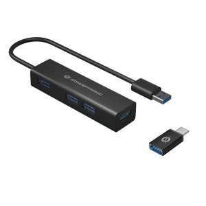 CONCEPTRONIC HUB USB3.0 4 PORT USB3.0 ALUMINIO+ ADAPTADOR USB-C PRETO