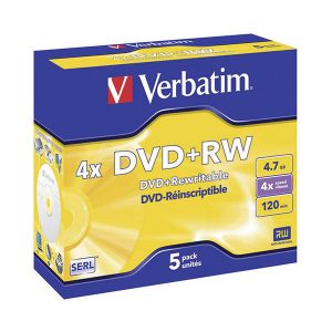 VERBATIM DVD+RW 4X 4.7GB 120MIN MATT SILVER CAIXA NORMAL (JEWEL) PACK 5