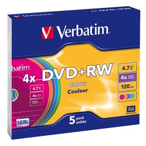 VERBATIM DVD+RW 4X 4.7GB 120MIN COLOUR SLIM CASE (PACK 5)