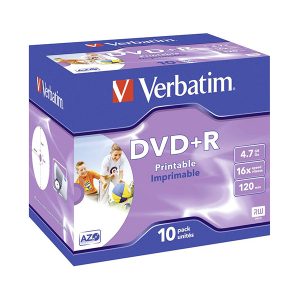 VERBATIM DVD+R 16X 4.7GB 120MIN INKJET PRINT CAIXA NORMAL (JEWEL) PACK 10